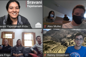 A screenshot of how students participated in a virtual seminar this year. In the bottom left, LGOs roommates that live in the same household video-called-in together. In the top right, LGOs that happened to be on-campus together video-called-in from a break room with safety precautions.